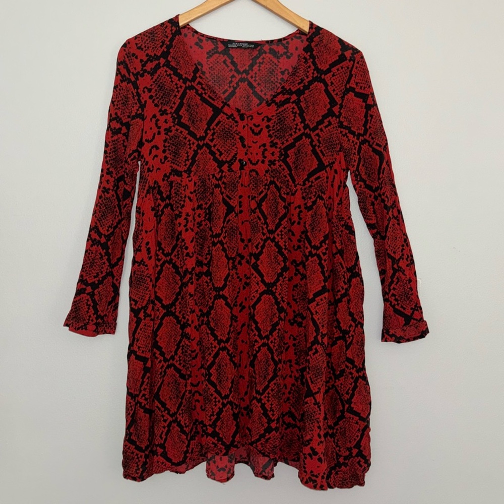 Zara Amy Dress Red and Black Snakeskin Print Oversized Mini Dress Size Small